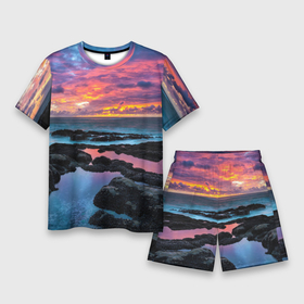 Мужской костюм с шортами 3D с принтом Закат ,  |  | вечер | вода | волна | волны | восход | горизонт | запад | капли | крабы | луна | море | небо | ночь | облака | океан | оранжевая | оранжевый | остров | пейзаж | пляж | радуга | ракушки | рассвет | синий