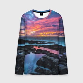 Мужской лонгслив 3D с принтом Закат в Курске, 100% полиэстер | длинные рукава, круглый вырез горловины, полуприлегающий силуэт | вечер | вода | волна | волны | восход | горизонт | запад | капли | крабы | луна | море | небо | ночь | облака | океан | оранжевая | оранжевый | остров | пейзаж | пляж | радуга | ракушки | рассвет | синий