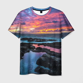 Мужская футболка 3D с принтом Закат , 100% полиэфир | прямой крой, круглый вырез горловины, длина до линии бедер | вечер | вода | волна | волны | восход | горизонт | запад | капли | крабы | луна | море | небо | ночь | облака | океан | оранжевая | оранжевый | остров | пейзаж | пляж | радуга | ракушки | рассвет | синий