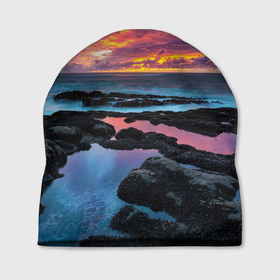 Шапка 3D с принтом Закат в Белгороде, 100% полиэстер | универсальный размер, печать по всей поверхности изделия | вечер | вода | волна | волны | восход | горизонт | запад | капли | крабы | луна | море | небо | ночь | облака | океан | оранжевая | оранжевый | остров | пейзаж | пляж | радуга | ракушки | рассвет | синий