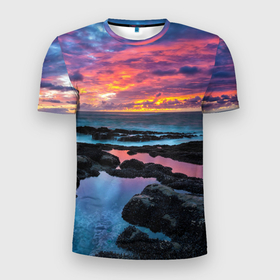 Мужская футболка 3D Slim с принтом Закат в Тюмени, 100% полиэстер с улучшенными характеристиками | приталенный силуэт, круглая горловина, широкие плечи, сужается к линии бедра | вечер | вода | волна | волны | восход | горизонт | запад | капли | крабы | луна | море | небо | ночь | облака | океан | оранжевая | оранжевый | остров | пейзаж | пляж | радуга | ракушки | рассвет | синий