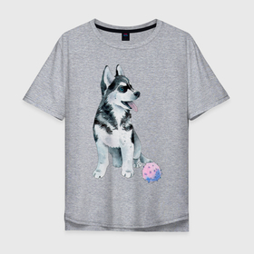 Мужская футболка хлопок Oversize с принтом Хаски в Екатеринбурге, 100% хлопок | свободный крой, круглый ворот, “спинка” длиннее передней части | животные | песокафе | рисунок | собаки | хаски