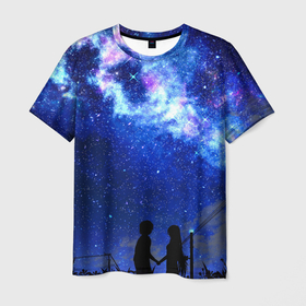 Мужская футболка 3D с принтом Ночное  Небо в Екатеринбурге, 100% полиэфир | прямой крой, круглый вырез горловины, длина до линии бедер | Тематика изображения на принте: blue | sky | башни | звездное небо | звезды | космическое | красота | небо | ночь | синий