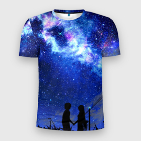 Мужская футболка 3D спортивная с принтом Ночное  Небо в Петрозаводске, 100% полиэстер с улучшенными характеристиками | приталенный силуэт, круглая горловина, широкие плечи, сужается к линии бедра | Тематика изображения на принте: blue | sky | башни | звездное небо | звезды | космическое | красота | небо | ночь | синий