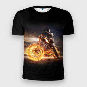 Мужская футболка 3D Slim с принтом Flame в Белгороде, 100% полиэстер с улучшенными характеристиками | приталенный силуэт, круглая горловина, широкие плечи, сужается к линии бедра | fire | flame | helmet | motorcycle | night | racer | гонщик | мотоцикл | ночь | огонь | пламя | шлем