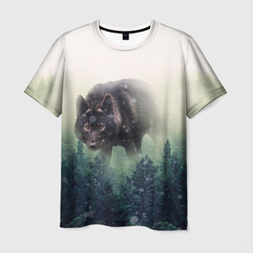Мужская футболка 3D с принтом Волк в Екатеринбурге, 100% полиэфир | прямой крой, круглый вырез горловины, длина до линии бедер | альфа | амега | волк | волчонок | дым | зверь | зелёная | зима | красивая | лайка | лес | лесс | омега | пёс | подарок | прикольная | сибирь | сказка | собака | сосны | тайга | фильм | хаски | щенок