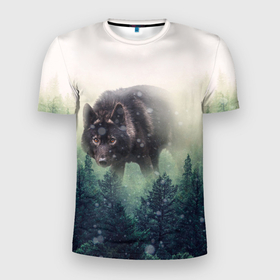 Мужская футболка 3D Slim с принтом Волк в Новосибирске, 100% полиэстер с улучшенными характеристиками | приталенный силуэт, круглая горловина, широкие плечи, сужается к линии бедра | Тематика изображения на принте: альфа | амега | волк | волчонок | дым | зверь | зелёная | зима | красивая | лайка | лес | лесс | омега | пёс | подарок | прикольная | сибирь | сказка | собака | сосны | тайга | фильм | хаски | щенок
