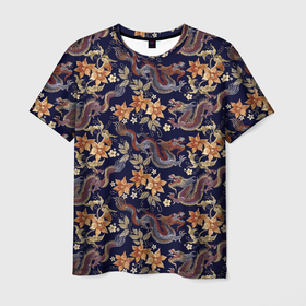 Мужская футболка 3D с принтом Драконы и цветы , 100% полиэфир | прямой крой, круглый вырез горловины, длина до линии бедер | азиатский узор | азия | дракон | китай | китайский дракон | паттерн | цветы