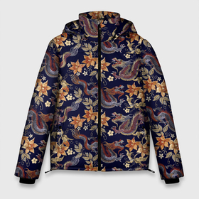 Мужская зимняя куртка 3D с принтом Драконы и цветы в Курске, верх — 100% полиэстер; подкладка — 100% полиэстер; утеплитель — 100% полиэстер | длина ниже бедра, свободный силуэт Оверсайз. Есть воротник-стойка, отстегивающийся капюшон и ветрозащитная планка. 

Боковые карманы с листочкой на кнопках и внутренний карман на молнии. | азиатский узор | азия | дракон | китай | китайский дракон | паттерн | цветы