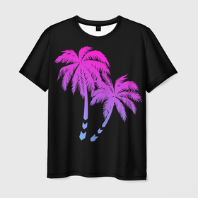 Мужская футболка 3D с принтом Sunset on the Beach в Санкт-Петербурге, 100% полиэфир | прямой крой, круглый вырез горловины, длина до линии бедер | градиент | закат | минимализм | пальмы | ретро | солнце | фиолетовый