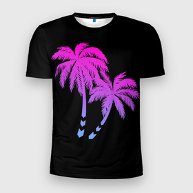 Мужская футболка 3D Slim с принтом Sunset on the Beach в Кировске, 100% полиэстер с улучшенными характеристиками | приталенный силуэт, круглая горловина, широкие плечи, сужается к линии бедра | градиент | закат | минимализм | пальмы | ретро | солнце | фиолетовый