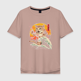 Мужская футболка хлопок Oversize с принтом Great Cat Wave в Курске, 100% хлопок | свободный крой, круглый ворот, “спинка” длиннее передней части | anime | art | cat | cats | great wave | hokusai | japan | japanese | kanagawa | kanji | sushi | арт | большая | в японском стиле | великая | волна | ест суши | иероглифы | канагава | кандзи | китайские | кот | котенок | кошка | палочки | суши