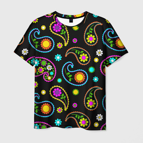 Мужская футболка 3D с принтом ЦВЕТЫ в Новосибирске, 100% полиэфир | прямой крой, круглый вырез горловины, длина до линии бедер | flower | neon | лепестки | неон | пестрый | природа | ромашки | цветы | яркие