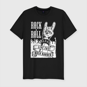 Мужская футболка хлопок Slim с принтом ROCKROLL в Новосибирске, 92% хлопок, 8% лайкра | приталенный силуэт, круглый вырез ворота, длина до линии бедра, короткий рукав | music | rock | roll | музыка | рок