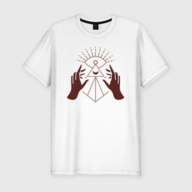Мужская футболка хлопок Slim с принтом Руки к свету в Санкт-Петербурге, 92% хлопок, 8% лайкра | приталенный силуэт, круглый вырез ворота, длина до линии бедра, короткий рукав | алхимия | дельта | заговор | иллюминаты | масонство | масоны | наблюдение | наугольник | символы | циркуль | эзотерика
