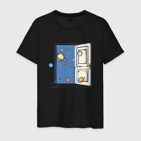 Мужская футболка хлопок с принтом Дверь в космос в Екатеринбурге, 100% хлопок | прямой крой, круглый вырез горловины, длина до линии бедер, слегка спущенное плечо. | алхимия | дельта | заговор | иллюминаты | масонство | масоны | наблюдение | наугольник | символы | циркуль | эзотерика