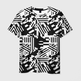 Мужская футболка 3D с принтом Хаотичные линии в Новосибирске, 100% полиэфир | прямой крой, круглый вырез горловины, длина до линии бедер | абстракция | белое | геометрические абстракции | геометрия | кляксы | линии | полоски | полосы | пятна | узоры | хаос | хаотичные линии | черно белое | чернобелое | черное | черные линии
