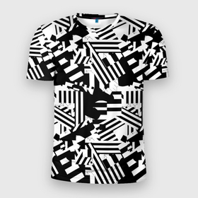 Мужская футболка 3D Slim с принтом Хаотичные линии в Тюмени, 100% полиэстер с улучшенными характеристиками | приталенный силуэт, круглая горловина, широкие плечи, сужается к линии бедра | абстракция | белое | геометрические абстракции | геометрия | кляксы | линии | полоски | полосы | пятна | узоры | хаос | хаотичные линии | черно белое | чернобелое | черное | черные линии