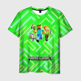 Мужская футболка 3D с принтом Майнкрафт / Minecraft , 100% полиэфир | прямой крой, круглый вырез горловины, длина до линии бедер | alex | creeper | dungeons | minecraft | piggy | steve | алекс | бой | гаст | герои | детские | зелень | зомби | крипер | логотипигры | майнкрафт | мобы | неоновый | песочница | пигги | пиксельный | подземелья | популярные