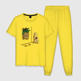 Мужская пижама хлопок с принтом Пицца с ананасами в Тюмени, 100% хлопок | брюки и футболка прямого кроя, без карманов, на брюках мягкая резинка на поясе и по низу штанин
 | broken door | evil | here pineapple | heres johhny | heres pineapple | parody | pineapple | pizza | rage | raging | а вот и ананас | а вот и джонни | ананас | злобная | злобный | нож | пародия | пицца | с ножом | сияние | сломал дверь | через дв