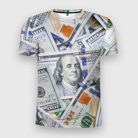 Мужская футболка 3D Slim с принтом Доллары в Кировске, 100% полиэстер с улучшенными характеристиками | приталенный силуэт, круглая горловина, широкие плечи, сужается к линии бедра | 100 | бумага | деньги | доллары | купюра | паттерн | стикер | стиль | текстура