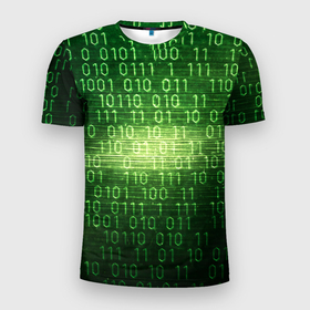 Мужская футболка 3D спортивная с принтом Двоичный код в Курске, 100% полиэстер с улучшенными характеристиками | приталенный силуэт, круглая горловина, широкие плечи, сужается к линии бедра | it | двоичный код | информация | код | кодерам | кодеру | программирование | программисту | технологии