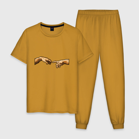 Мужская пижама хлопок с принтом Сотворение Пикселей в Новосибирске, 100% хлопок | брюки и футболка прямого кроя, без карманов, на брюках мягкая резинка на поясе и по низу штанин
 | искусство | картина | пиксель арт | прикол | прикольная картинка | руки | сотворение адама