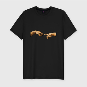 Мужская футболка хлопок Slim с принтом Сотворение Пикселей в Екатеринбурге, 92% хлопок, 8% лайкра | приталенный силуэт, круглый вырез ворота, длина до линии бедра, короткий рукав | искусство | картина | пиксель арт | прикол | прикольная картинка | руки | сотворение адама