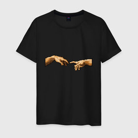 Мужская футболка хлопок с принтом Сотворение Пикселей в Тюмени, 100% хлопок | прямой крой, круглый вырез горловины, длина до линии бедер, слегка спущенное плечо. | искусство | картина | пиксель арт | прикол | прикольная картинка | руки | сотворение адама