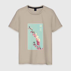 Мужская футболка хлопок с принтом Цветы вишни в Белгороде, 100% хлопок | прямой крой, круглый вырез горловины, длина до линии бедер, слегка спущенное плечо. | flowers | иероглифы | надпись на японском | природа | растения | сакура | цветы | цветы вишни