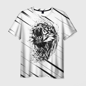 Мужская футболка 3D с принтом Тигр | Tiger в Кировске, 100% полиэфир | прямой крой, круглый вырез горловины, длина до линии бедер | black | lion | tiger | white | белая | клыки | кот | котик | кошка | лев | полосы | светлая | тигр | чб | черная | черно белая