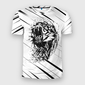 Мужская футболка 3D спортивная с принтом Тигр | Tiger в Санкт-Петербурге, 100% полиэстер с улучшенными характеристиками | приталенный силуэт, круглая горловина, широкие плечи, сужается к линии бедра | black | lion | tiger | white | белая | клыки | кот | котик | кошка | лев | полосы | светлая | тигр | чб | черная | черно белая
