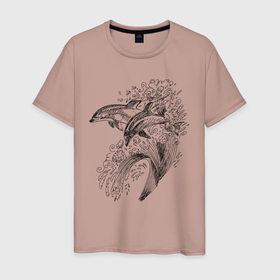 Мужская футболка хлопок с принтом дельфины в Белгороде, 100% хлопок | прямой крой, круглый вырез горловины, длина до линии бедер, слегка спущенное плечо. | crimea | dolphin | волны | дельфины | крым | море | черное море