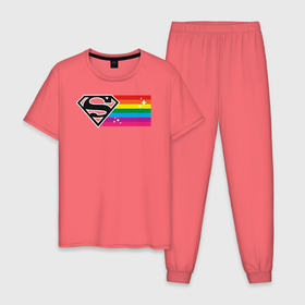 Мужская пижама хлопок с принтом Superman Rainbow Logo в Санкт-Петербурге, 100% хлопок | брюки и футболка прямого кроя, без карманов, на брюках мягкая резинка на поясе и по низу штанин
 | Тематика изображения на принте: dc pride | justice league | pride | superman | vdosadir | лига справедливости | прайд | радуга | супермен