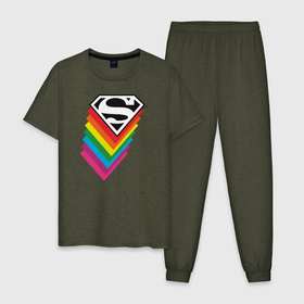 Мужская пижама хлопок с принтом Superman Logo в Санкт-Петербурге, 100% хлопок | брюки и футболка прямого кроя, без карманов, на брюках мягкая резинка на поясе и по низу штанин
 | Тематика изображения на принте: dc pride | justice league | pride | superman | vdosadir | лига справедливости | прайд | радуга | супермен