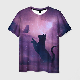 Мужская футболка 3D с принтом Кошка играет с бабочкой в Санкт-Петербурге, 100% полиэфир | прямой крой, круглый вырез горловины, длина до линии бедер | cosmic stars | атмосфера | звезды | катята .cats | кошка играет с бабочкой | кошки | небо | скафандр