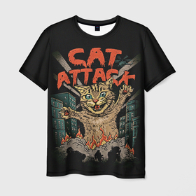 Мужская футболка 3D с принтом Нападение гигантского котика в Белгороде, 100% полиэфир | прямой крой, круглый вырез горловины, длина до линии бедер | attack | attacks | big | cat | cats | catzilla | city | cute | flame | flames | kaiju | kitten | kitty | атака | атакует | большой | город | кайдзю | катастрофа | кот | котенок | котзилла | котик | котострофа | милый | нападает | огонь | огро