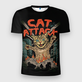 Мужская футболка 3D спортивная с принтом Нападение гигантского котика в Тюмени, 100% полиэстер с улучшенными характеристиками | приталенный силуэт, круглая горловина, широкие плечи, сужается к линии бедра | attack | attacks | big | cat | cats | catzilla | city | cute | flame | flames | kaiju | kitten | kitty | атака | атакует | большой | город | кайдзю | катастрофа | кот | котенок | котзилла | котик | котострофа | милый | нападает | огонь | огро
