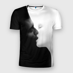 Мужская футболка 3D спортивная с принтом Поцелуй в Тюмени, 100% полиэстер с улучшенными характеристиками | приталенный силуэт, круглая горловина, широкие плечи, сужается к линии бедра | влюблённость. | любовь | поцелуй парня и девушки | страсть