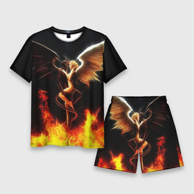 Мужской костюм с шортами 3D с принтом Angel and demon в Санкт-Петербурге,  |  | добро и зло. | крылья | рога | хвост | чистый и тёмный