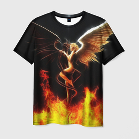 Мужская футболка 3D с принтом Angel and demon в Петрозаводске, 100% полиэфир | прямой крой, круглый вырез горловины, длина до линии бедер | добро и зло. | крылья | рога | хвост | чистый и тёмный