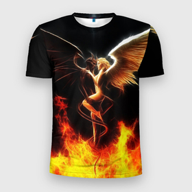 Мужская футболка 3D спортивная с принтом Angel and demon в Белгороде, 100% полиэстер с улучшенными характеристиками | приталенный силуэт, круглая горловина, широкие плечи, сужается к линии бедра | добро и зло. | крылья | рога | хвост | чистый и тёмный