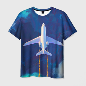 Мужская футболка 3D с принтом Самолёт на небе в Белгороде, 100% полиэфир | прямой крой, круглый вырез горловины, длина до линии бедер | abstract | air | art | fire | sky | самолёт на небе