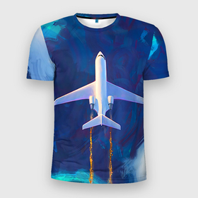 Мужская футболка 3D Slim с принтом Самолёт на небе , 100% полиэстер с улучшенными характеристиками | приталенный силуэт, круглая горловина, широкие плечи, сужается к линии бедра | abstract | air | art | fire | sky | самолёт на небе
