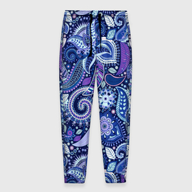 Мужские брюки 3D с принтом ВОСТОЧНЫЙ УЗОР в Екатеринбурге, 100% полиэстер | манжеты по низу, эластичный пояс регулируется шнурком, по бокам два кармана без застежек, внутренняя часть кармана из мелкой сетки | восток | гжель | красивый | природа | синий | сказка | узор | фиолетовый | цветы