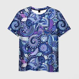 Мужская футболка 3D с принтом ВОСТОЧНЫЙ УЗОР в Петрозаводске, 100% полиэфир | прямой крой, круглый вырез горловины, длина до линии бедер | Тематика изображения на принте: восток | гжель | красивый | природа | синий | сказка | узор | фиолетовый | цветы