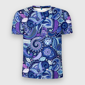 Мужская футболка 3D спортивная с принтом ВОСТОЧНЫЙ УЗОР в Петрозаводске, 100% полиэстер с улучшенными характеристиками | приталенный силуэт, круглая горловина, широкие плечи, сужается к линии бедра | восток | гжель | красивый | природа | синий | сказка | узор | фиолетовый | цветы
