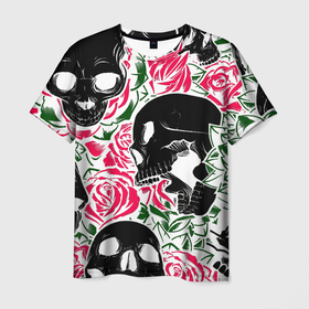 Мужская футболка 3D с принтом Череп, розы, цветы, зубы в Тюмени, 100% полиэфир | прямой крой, круглый вырез горловины, длина до линии бедер | зубы | розы | цветы | череп