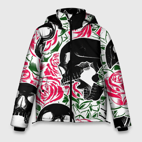 Мужская зимняя куртка 3D с принтом Череп розы цветы зубы в Санкт-Петербурге, верх — 100% полиэстер; подкладка — 100% полиэстер; утеплитель — 100% полиэстер | длина ниже бедра, свободный силуэт Оверсайз. Есть воротник-стойка, отстегивающийся капюшон и ветрозащитная планка. 

Боковые карманы с листочкой на кнопках и внутренний карман на молнии. | зубы | розы | цветы | череп