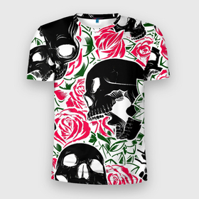 Мужская футболка 3D спортивная с принтом Череп, розы, цветы, зубы в Курске, 100% полиэстер с улучшенными характеристиками | приталенный силуэт, круглая горловина, широкие плечи, сужается к линии бедра | зубы | розы | цветы | череп